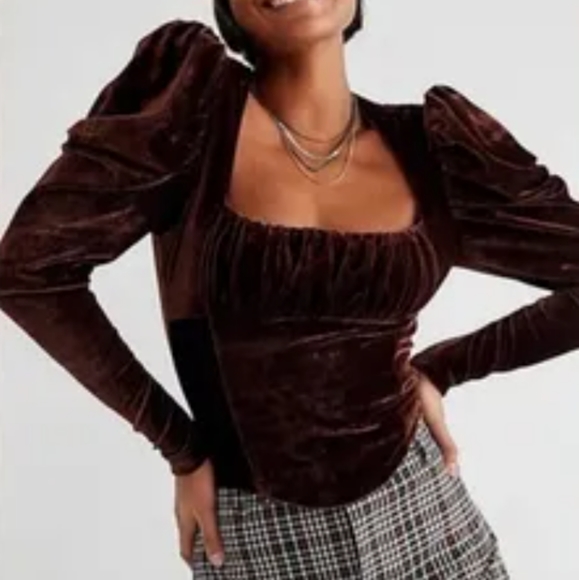 Free People Tops - Free People Hold Me Velvet Puff Sleeve Top in Brown size XS NWT